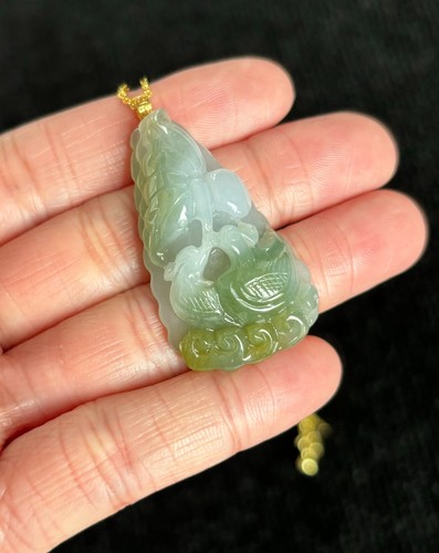 Yellow Plus Green Mandarin Ducks 鸳鸯 Jadeite Jade Pendant 18K Gold Buckle - Picture 3 of 10