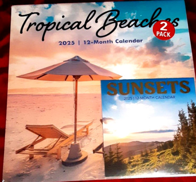 12 Month 2025 Wall Calendar Tropical Beaches  24'' X 12'' Sunsets Mini 12'' X 6''