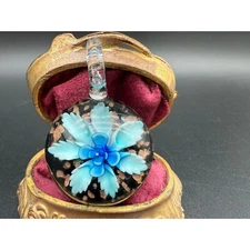 Murano Style Art Glass Pendant Blue Flower Black Gold Tone Accents 1.75"
