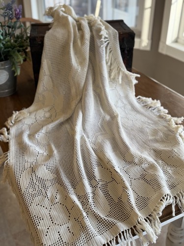 Vintage Handmade Filet Crochet Table runner/ Tablecloth Floral Lace 48x29 W/Frn