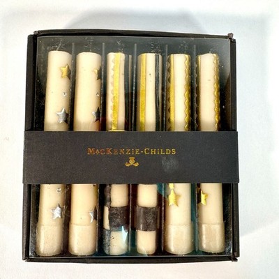 MacKenzie-Childs Stars Mini Dinner Candles Set of 6 Beeswax Blend Gold Ivory 6''