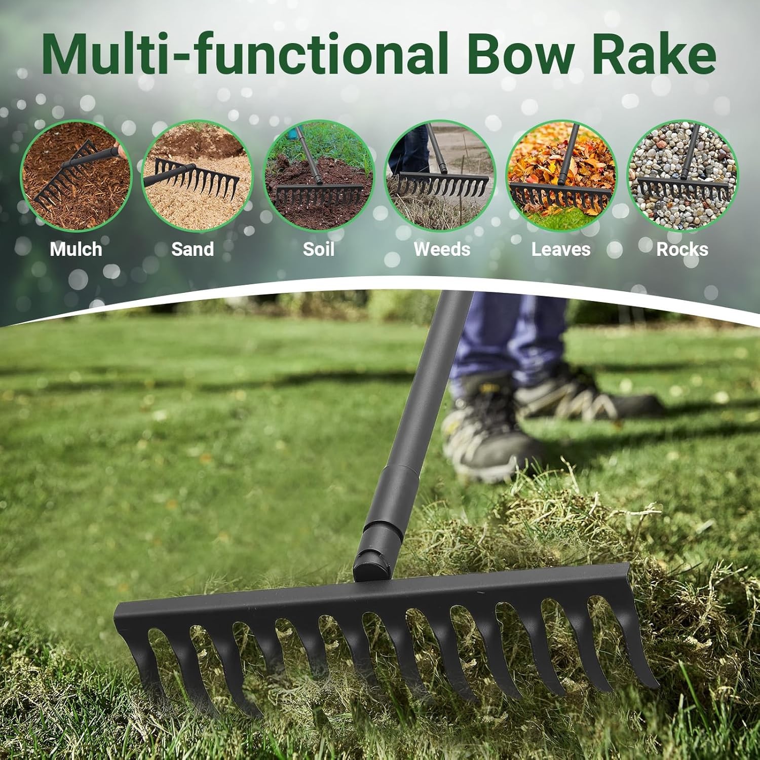 Garden Metal Bow Rake with 60 Inch Long Adjustable Handle,17 Inch Wide Heavy Dut