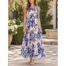 Eliza J Pleated Chiffon Blue White Floral Maxi Dress Size 8
