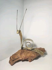 11" MCM Brutalist Handmade Brass SNAIL Sculpture Driftwood Base OOAK Signed 1974
