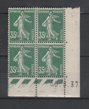 timbre France bloc  coin daté  Semeuse  35c  vert   1937   num 361 **