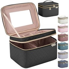 HXLGMD Large Makeup Bag with Mirror Double Layer Travel Make Up Black