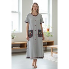 Vintage Gilead Striped Duster Robe Grey Red Ric Rac Floral Embroidery Large USA