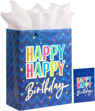 13" Large Happy Birthday Gift Bag with Card and Tissue Paper Blue Happy Happy B