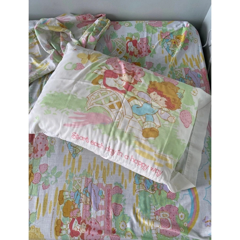 Conjunto de lençóis duplos vintage morango shortcake + cobertor/cobertor - Imagem 2 de 4