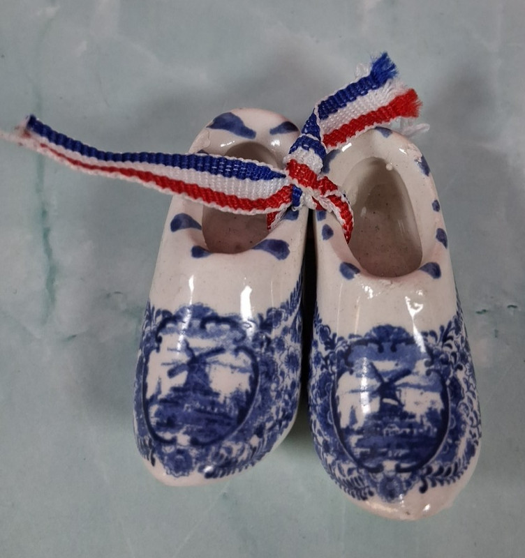 Vintage Pair of M S Handmade Mini Delft Blue Style Ceramic Shoes Holland Clogs