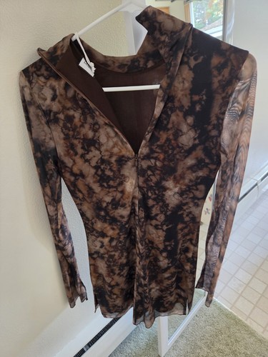 Runaway The Label Tie-Dye Mesh Ruched Mini Dress S Brown/Black Long Sleeve - Picture 6 of 6