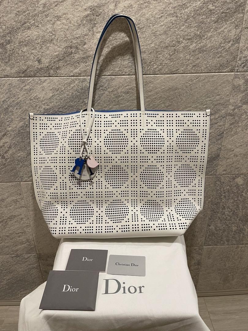 Dior Time Punching Eyelet Charm Leather Tote in White Pre-Owned