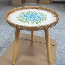 Rattan Round Side Table, Mother of Pearls Inlay Coffee/Accent Table, Handmade...