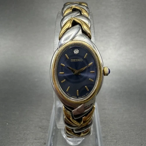 Seiko Watch Women 18mm Blue Dial Two Tone Oval Diamond 1N00-0BL0 New Battery