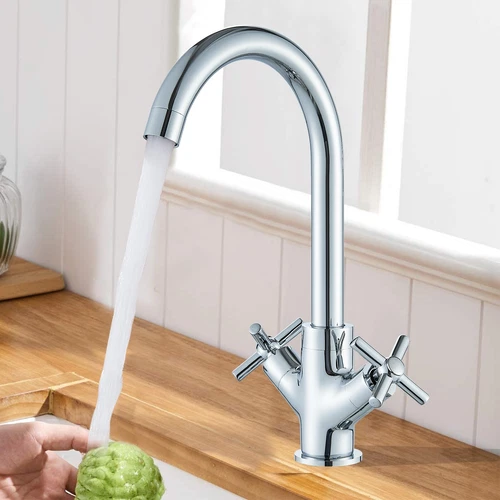 Modern Kitchen Sink Mixer Taps Swivel Spout Twin Lever Tap Mono Faucet Chrome