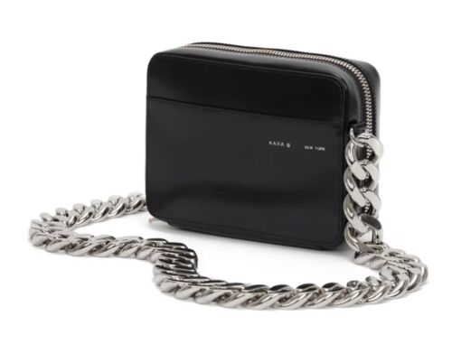 KARA NYC - Black Leather Camera Bag - Statement Silver Bike Chain - Afbeelding 1 van 9