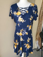 Wishful Park Floral Dress Womens XL Navy Blue Yellow Floral Criss Cross Neckline