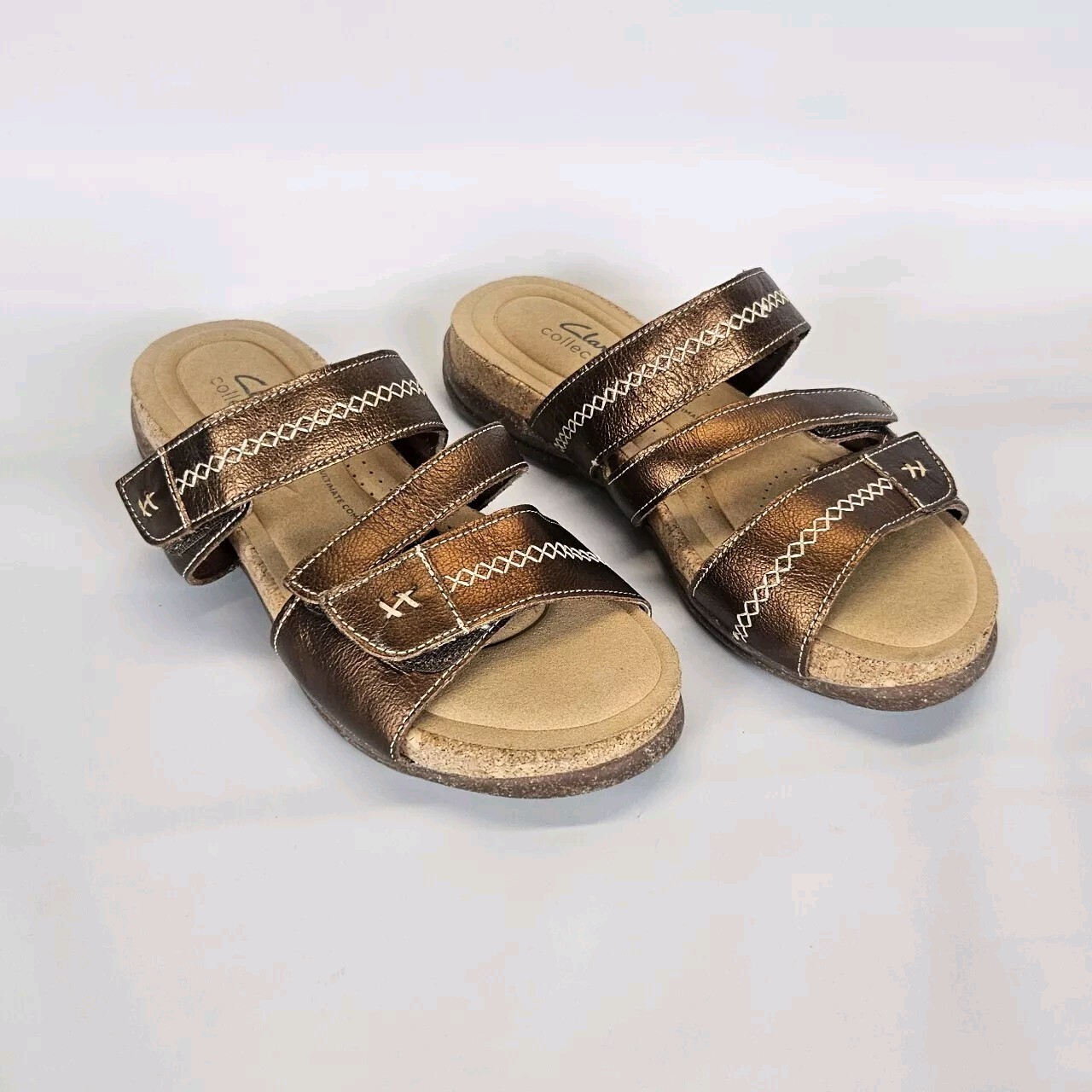 Clarks Womens Leather Slide Sandals Size 8 Roseville Bay Metallic Bronze Comfort