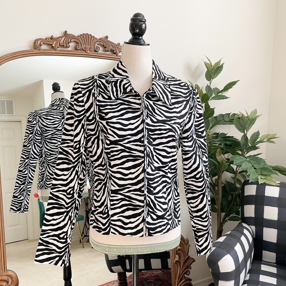 Vintage Joseph Ribkoff Zip Up Zebra Print Jacket Black White Vintage Joseph Ribkoff Zip Up Zebra Print Jacket Black White