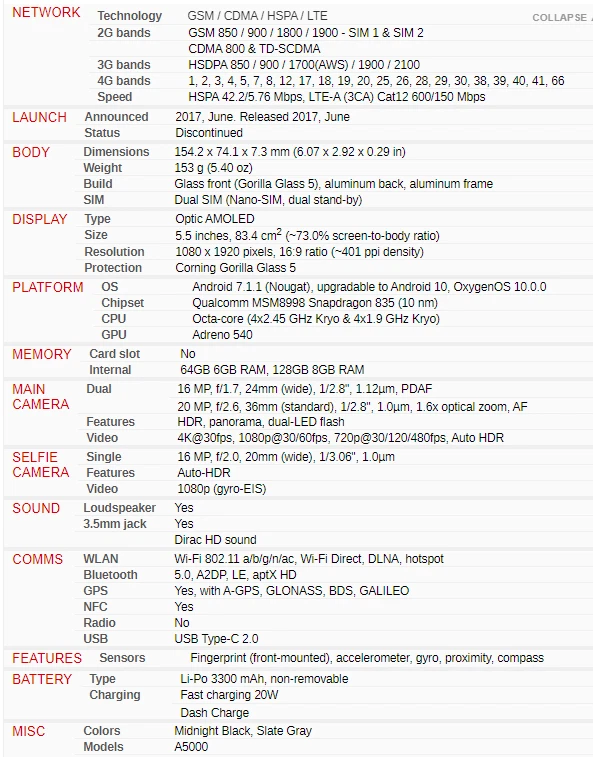 Сотовый телефон Android OnePlus 5 на две SIM-карты 4G LTE восьмиядерный 5,5 дюйма 64 ГБ / 128 ГБ ROM - Изображение 3 из 3
