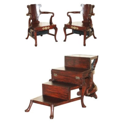 PAAR PALISANDER VERGOLDETE METALL EMPIRE REVIVAL METAMORPHE BIBLIOTHEK STUFEN SESSEL