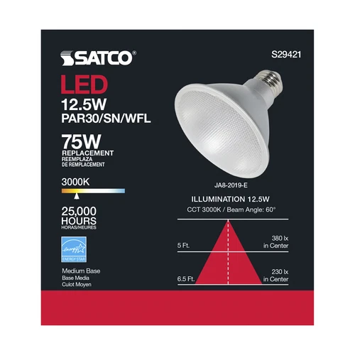 Satco S29421 Short Neck 60 Degree LED 120V 12.5W =75W PAR30SN Medium E26 3000K - Picture 10 of 14