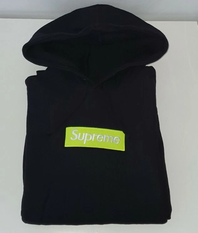 FW17 Supreme Box Logo hooded Sweatshirt black hoodie size M medium neon green