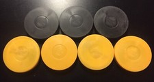 1980's Kellogs  Hockey Puck Lot of 7 Pucks with NHL & Olympic Disc Cards Inside