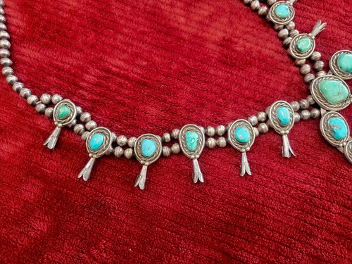 Large (27") Old Pawn Squash Blossom Necklace Natural Turquoise and Silver - Picture 5 of 6