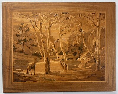 Sanders 60s Mid Century The Birches Deer Wildlife Landscape Marquetry Wood Panel