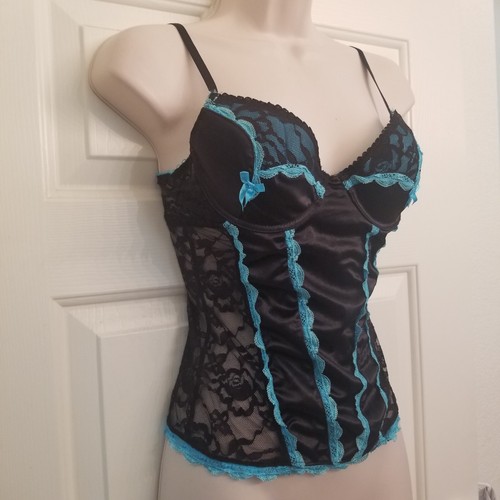 Native Intimates Brand Black Satin Mesh Lace and Turquoise Accent Corset SZ 34B - Picture 5 of 11