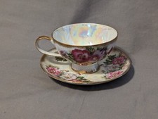 Unmarked Teacup  Saucer Set, Pink, White  Gold Lusterware - PRE-OWNED