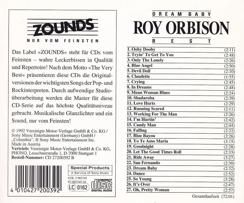ROY ORBISON - CD - DREAM BABY - BEST ( Zounds ) - Bild 2 von 2