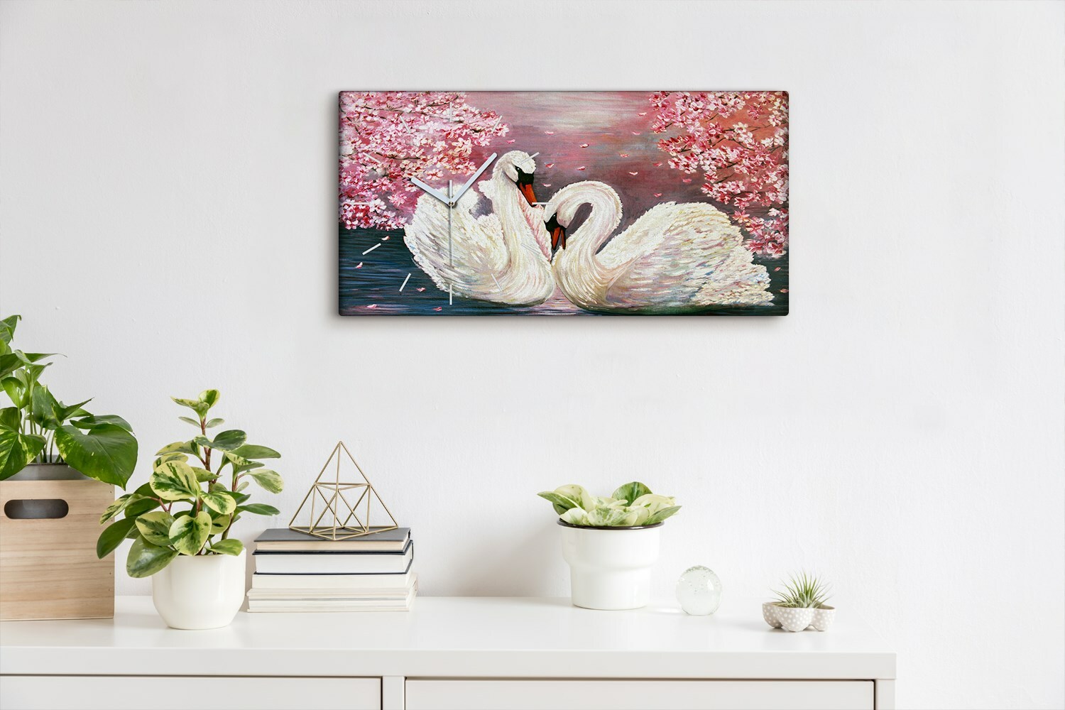 Horloge Murale Toile Coloray 60x30 Cm - Peinture Oiseaux Sur Branche, Style Moderne, Rose