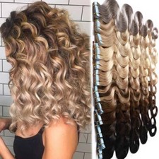 Balayage Full Head Thick Remy Tape In Human Hair Extensions Skin Weft Wavy Curly