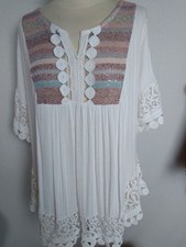 Damen Tunika Shirt Oberteil weiß Spitze bunter Einsatz Made in Italy in Gr.44