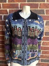 Icelandic Design M Wool City Scene Knit Zip Sweater Jacket Lined Vintage