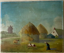 Paysage de campagne aux meules, peinture/Huile sur isorel