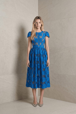 NWT Self-Portrait Blue Poppy Lace Midi Dress Belted A-Line Floral Size 6 8 (078)