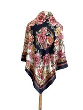 Vintage Silk Scarf Floral Baroque Chain Print Navy Pink Large Square Elegant A8