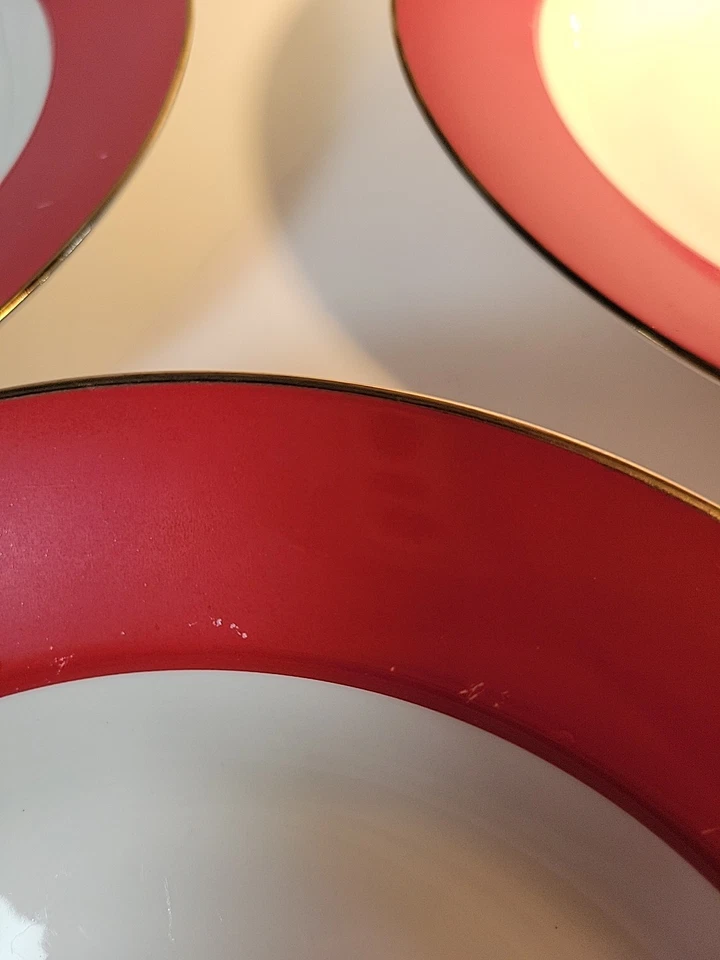 Juego de 3 cuencos de pasta de cerámica HOME vintage años 90 9 pulgadas rojo/blanco/dorado recortados Foto 4 de 4