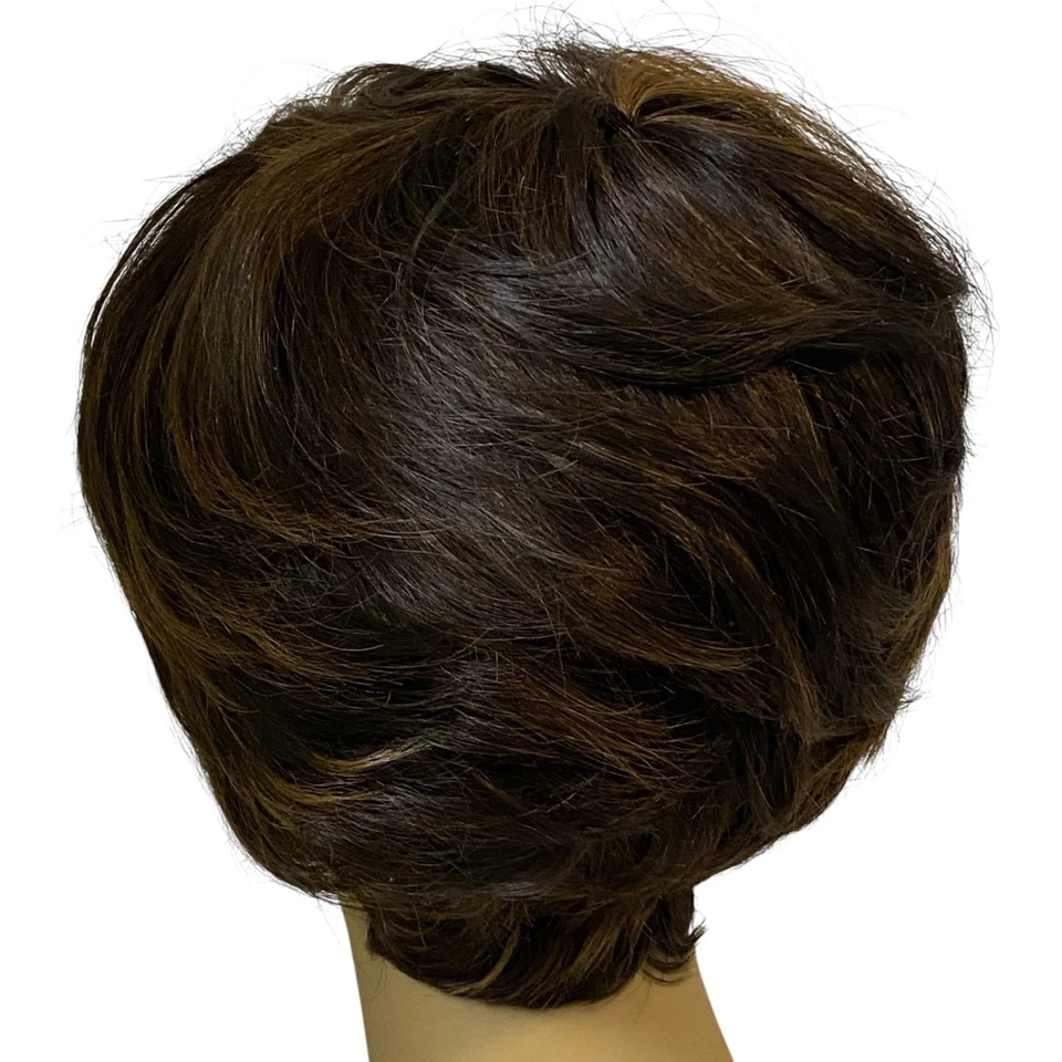 Human Hair Blend Wig Dk Brown Copper Frost Short Layered Pixie for Women A835W4 - Image 3 of 4