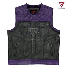 Men's Black Leather Vest Diamond Motorbike Motorcycle Concealed Purple Waistcoat