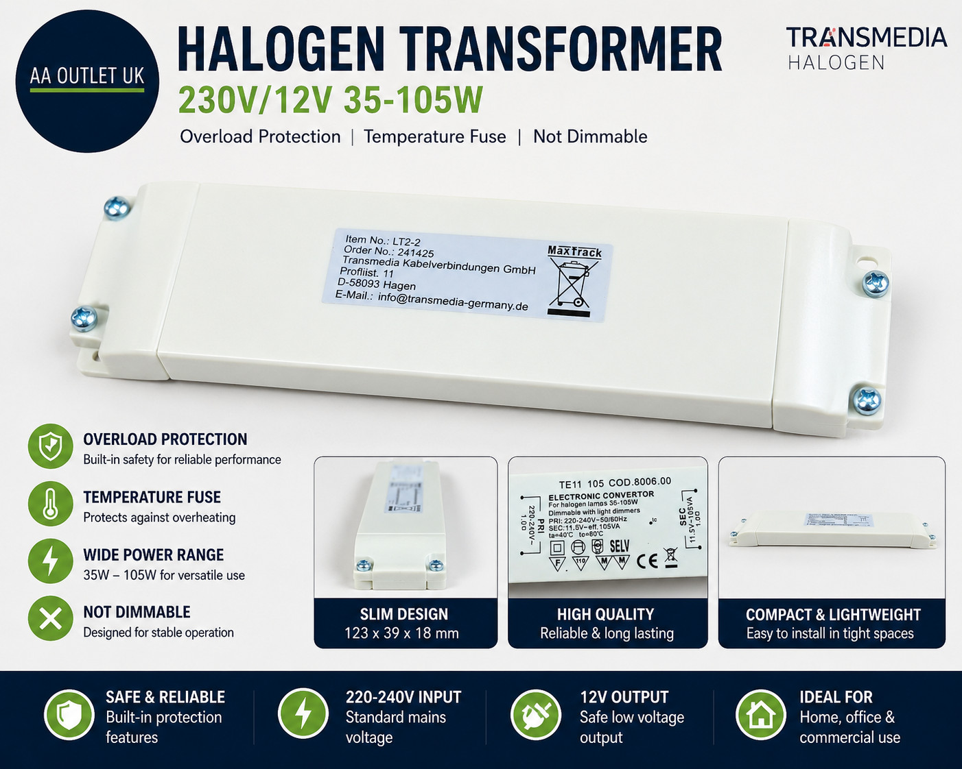 Transmedia Halogen Transformer 230/12V/35-105W Overload Protection Temperature