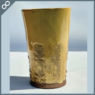 Handmade Studio Pottery Vase-Rustic Yellow Glaze -Floral Imprint-Wabi-Sabi Style