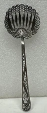 Ornate Sugar Spoon Filigree Bowl /Handle, Scalloped Bowl 5” Silver plate? Vintge