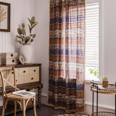 Linen Textured Boho Curtains, Colorful Plaid Geo Design Light Filtering Drape...