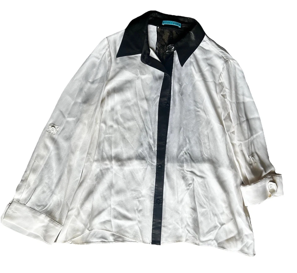Blusa de viscosa blanca Alice + Olivia con ribete de cuero M chic clásica dinero antiguo Foto 2 de 4