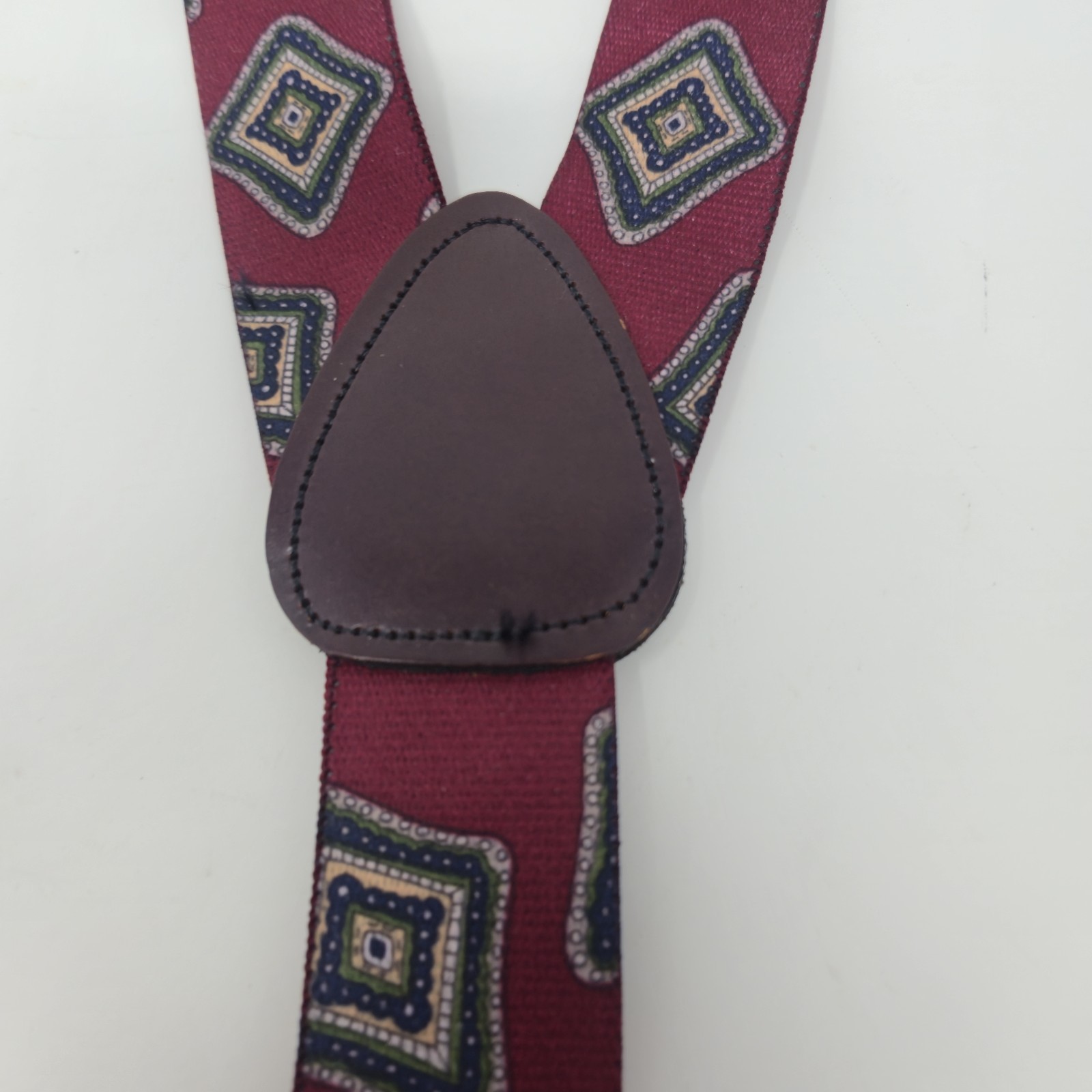 ​Vintage Y-Back Suspenders Burgundy Green Medallion Silk Jacquard Button Ends image 9