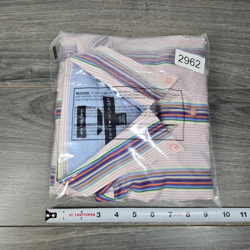 Camisa Tommy Hilfiger De Colección Para Hombre XL Rosa Rayas Y2K Manga Larga Años 80 2 Capas - Imagen 19 de 20